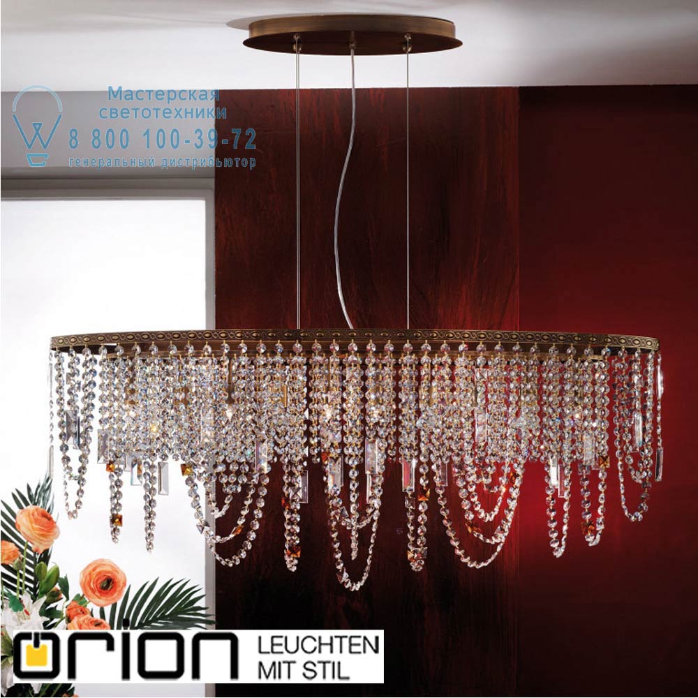 orion leuchten LU 2402/6+4 Patina Kristalldesign pendant light in oval shape, 110x25cm, Antique Brass plated потолочный светильник