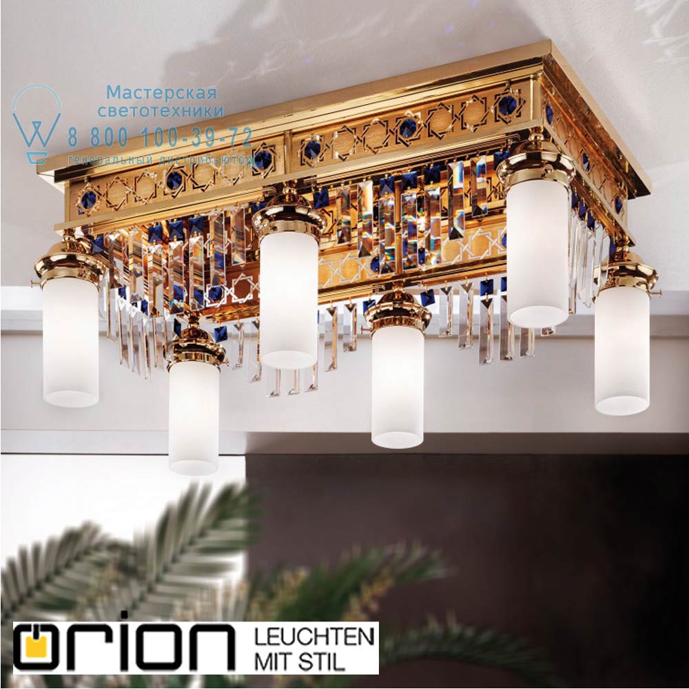 orion leuchten DLU 1705/6 gold/Prisma blau ORIONtal ceiling light, 6 lampholders, 24K gold plated & blue crystal prisms потолочная люстра